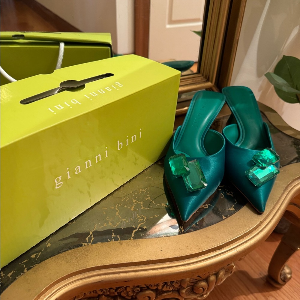 Gianni Bini Dorian Green Satin Jewel Embellished Dress Mules